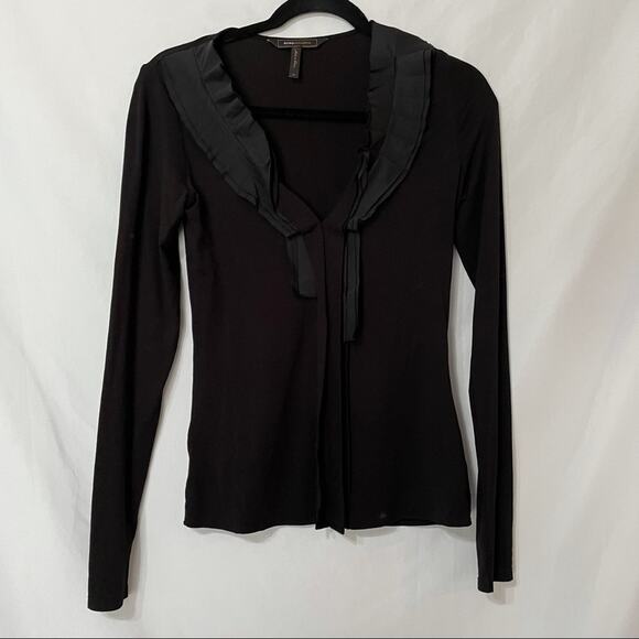BCBGMaxAzria Black Ruffled Neckline Blouse Womens XS Romantic Whimsigoth - Picture 1 of 9